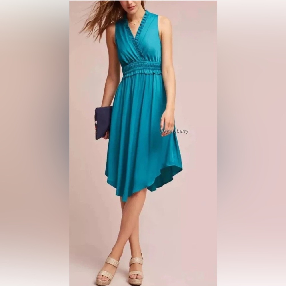 Anthropologie Maeve Turquoise Pleated Dress Sz L